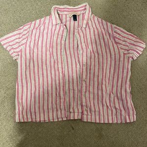 Pink and white striped, button up, short sleeve